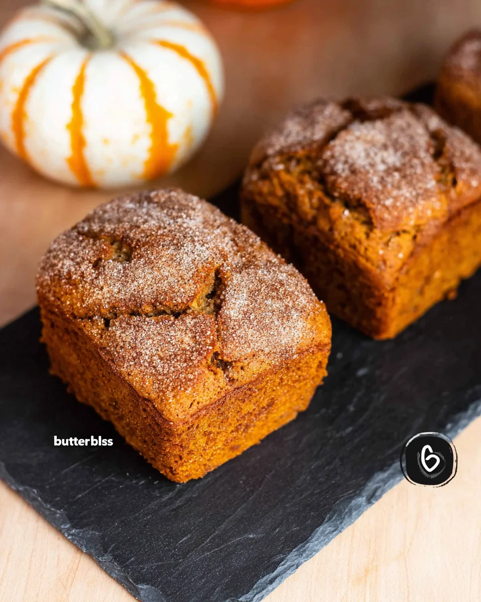 Butter and Bliss small batch pumpkin bread mini loaves on a wood platter.