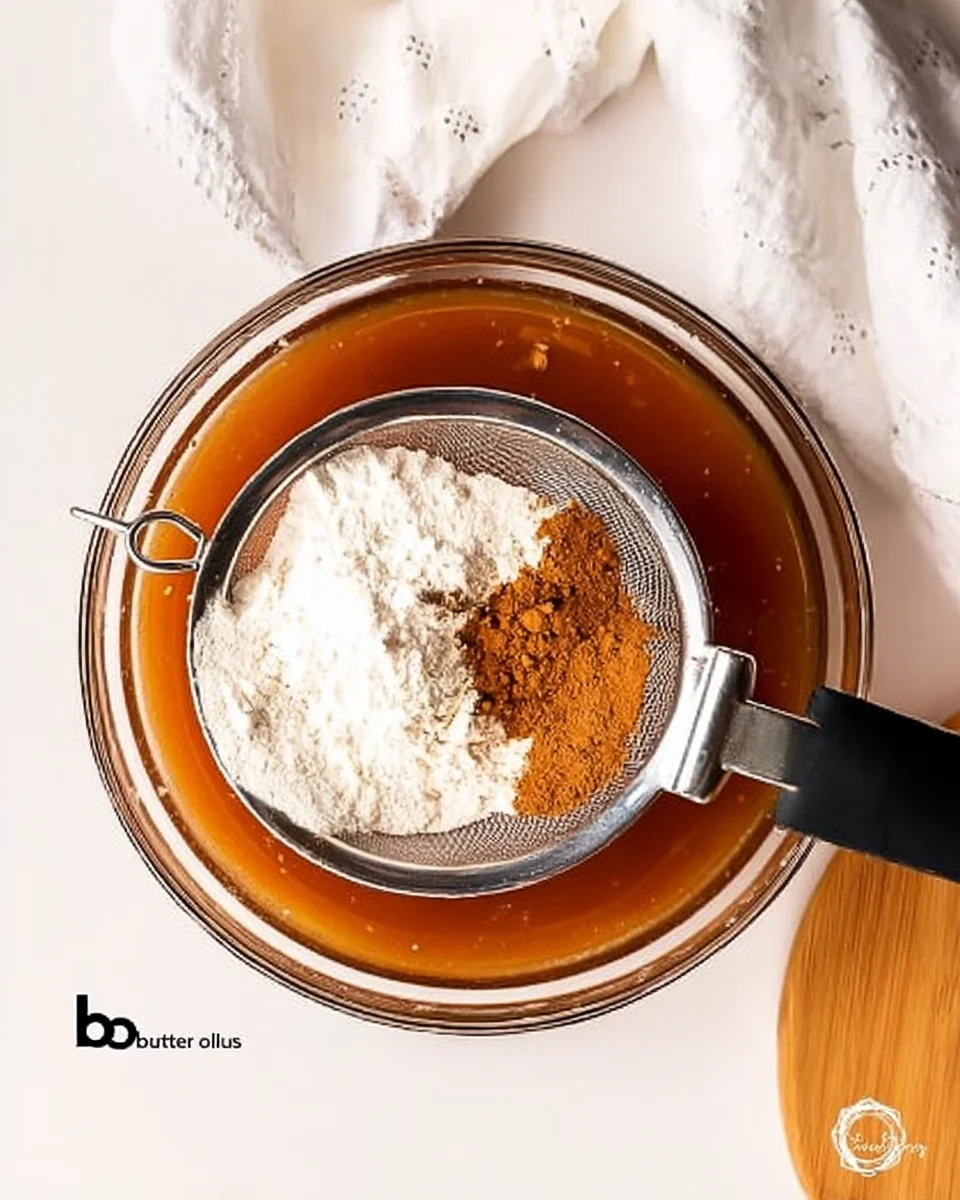 Flour being sifted over wet ingredients in a bowl.