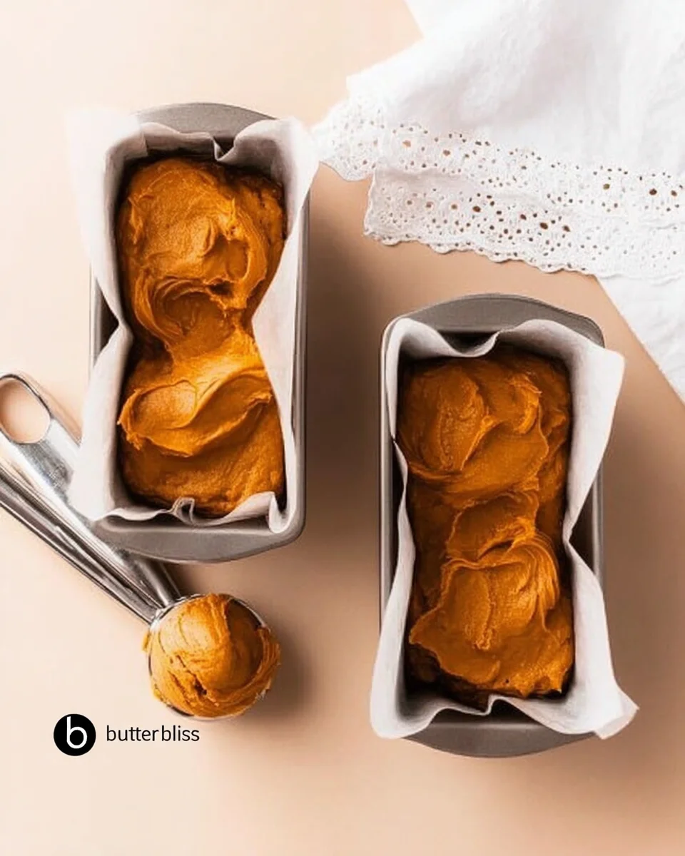 Butter and Bliss pumpkin bread batter scooped into mini loaf pans.