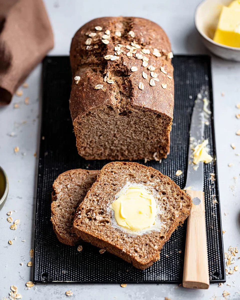 Loaf of outback bread with two slices buttered and cut. 