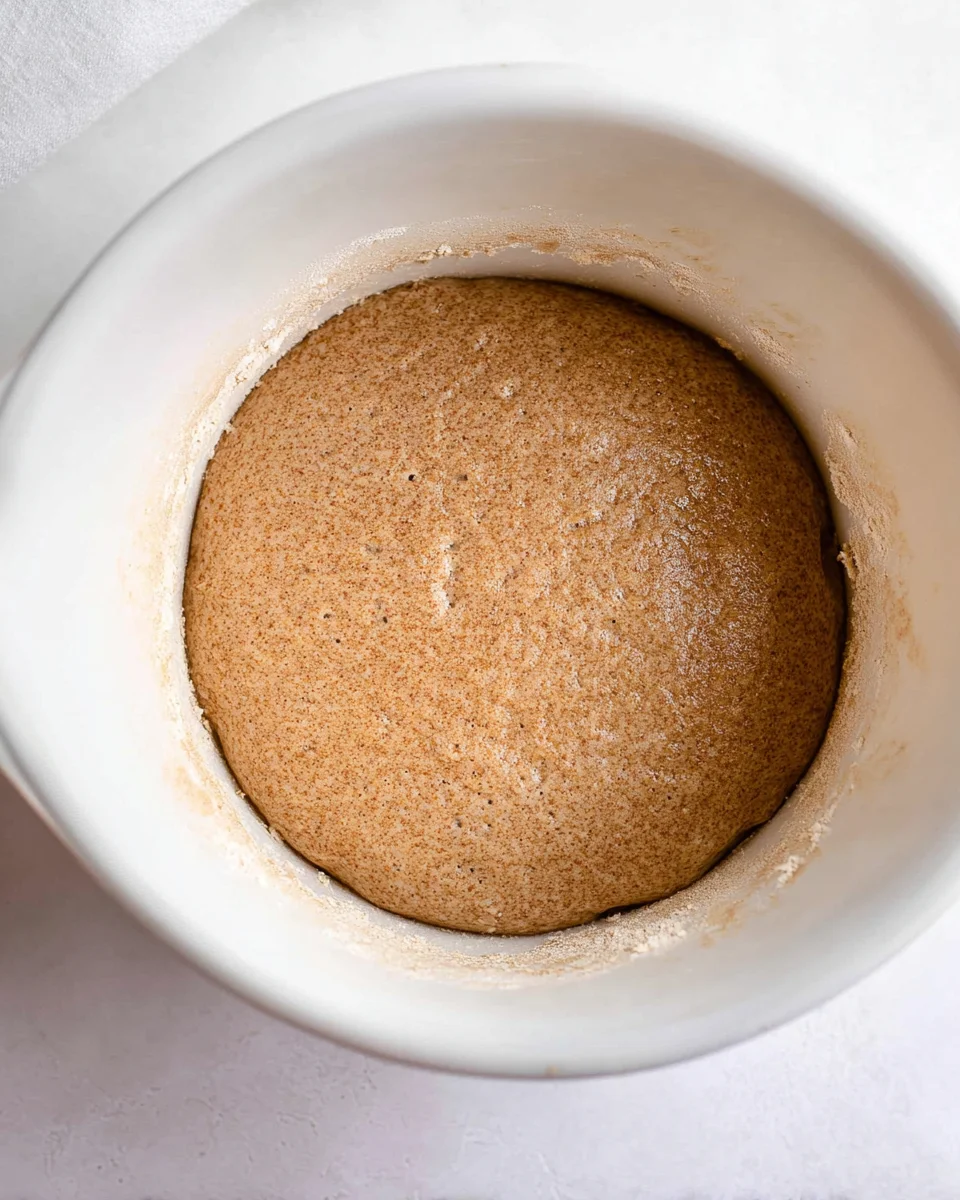 Outback bread dough rising in a white mixing bowl. 