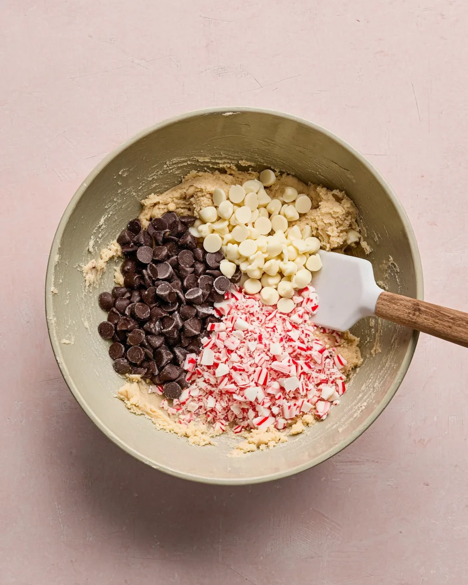 White and dark chocolate chips and crushed peppermint candy canes added to mixing bowl.