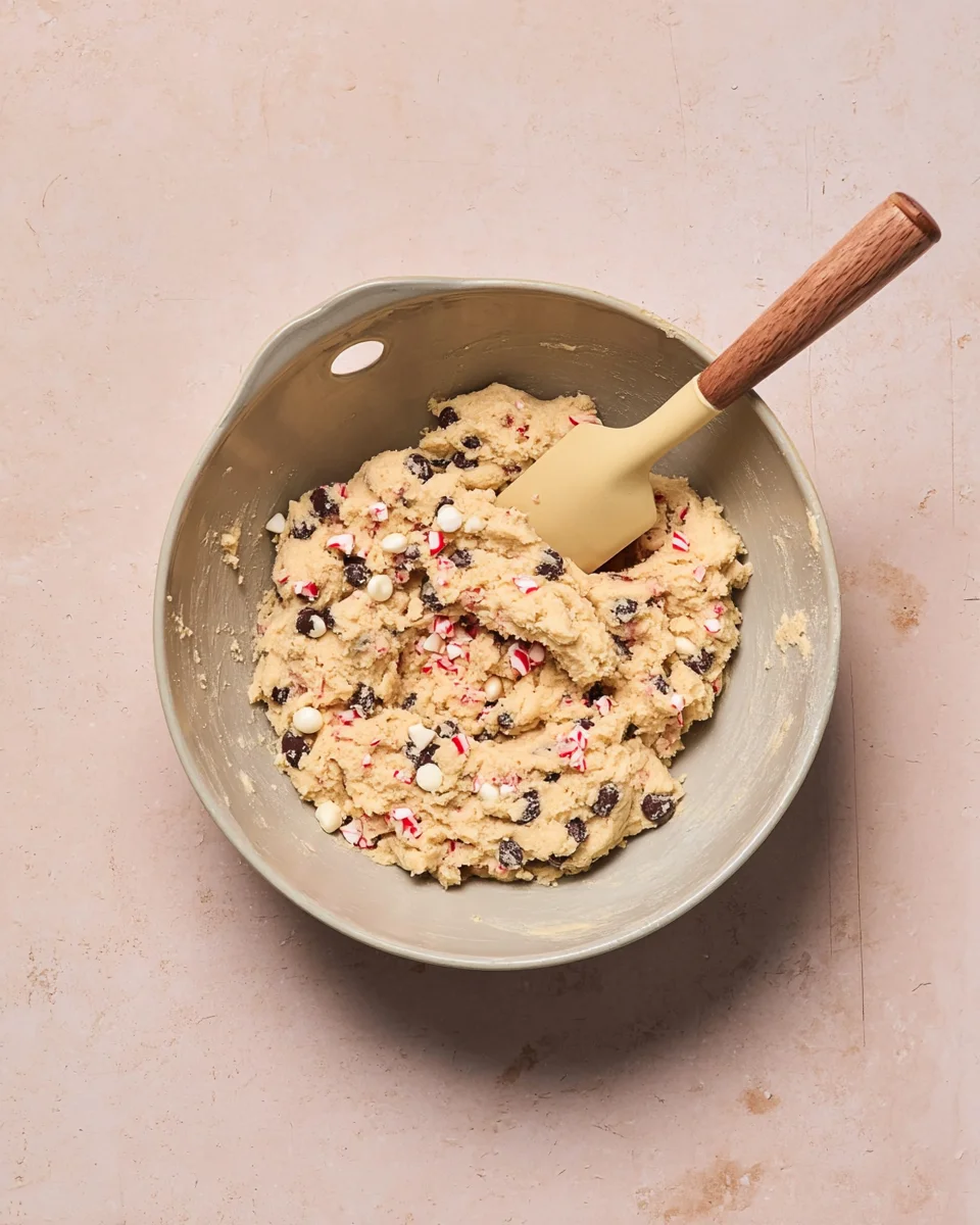 Prepared chocolate chip peppermint cookie dough in bowl with spatula.