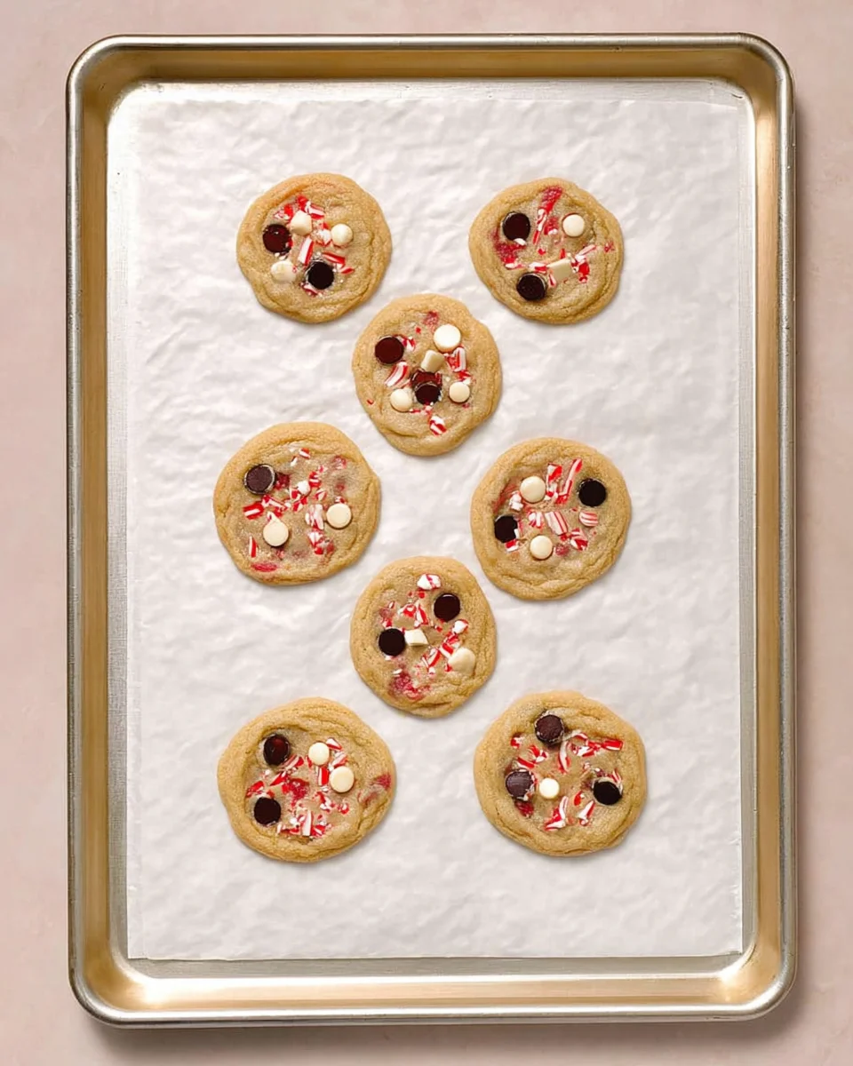Baked peppermint chocolate chip cookies on pan.