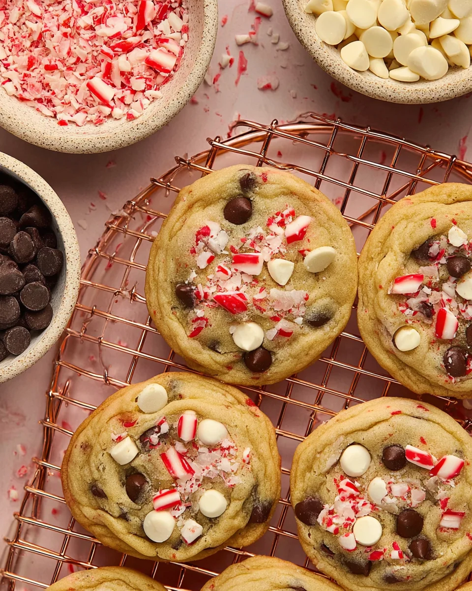 Cooling rack with candy cane chocolate chip cookies and bowl with chips and crushed candy canes.