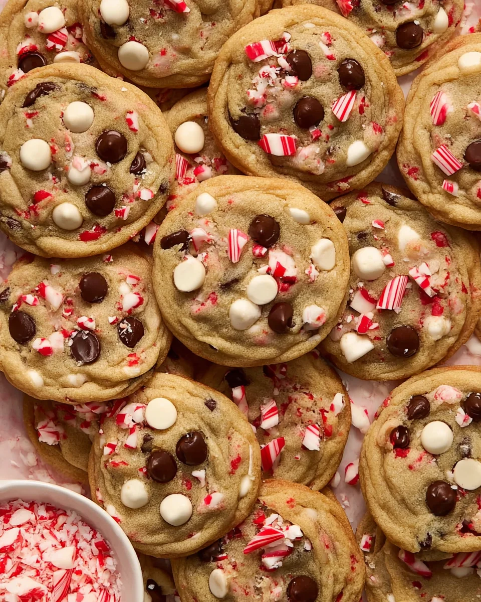Peppermint chip cookies arranged on surface with chopped candy canes in bowl.