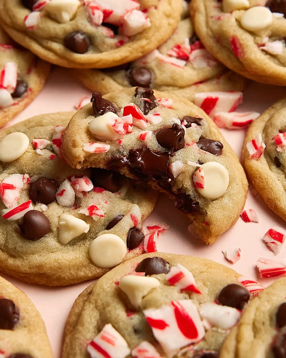 Chocolate chip peppermint cookie with bite taken out stacked on another cookie.