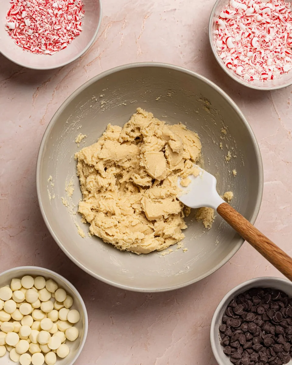Cookie dough with spatula propped in t and chocolate chips and candy canes in bowls beside.