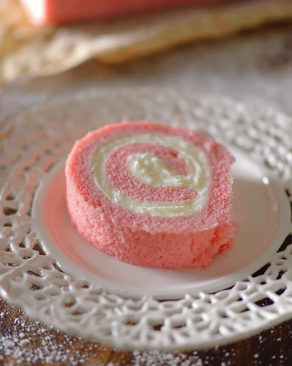 Pink-Velvet-Cake-Roll-2.jpg Slice on pink velvet cake roll on a dessert plate