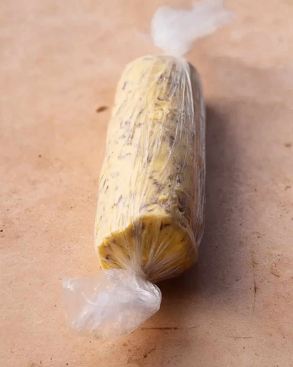 Pistachio shortbread dough rolled into a log and wrapped in plastic wrap to make slice-and-bake pistachio shortbread cookies.
