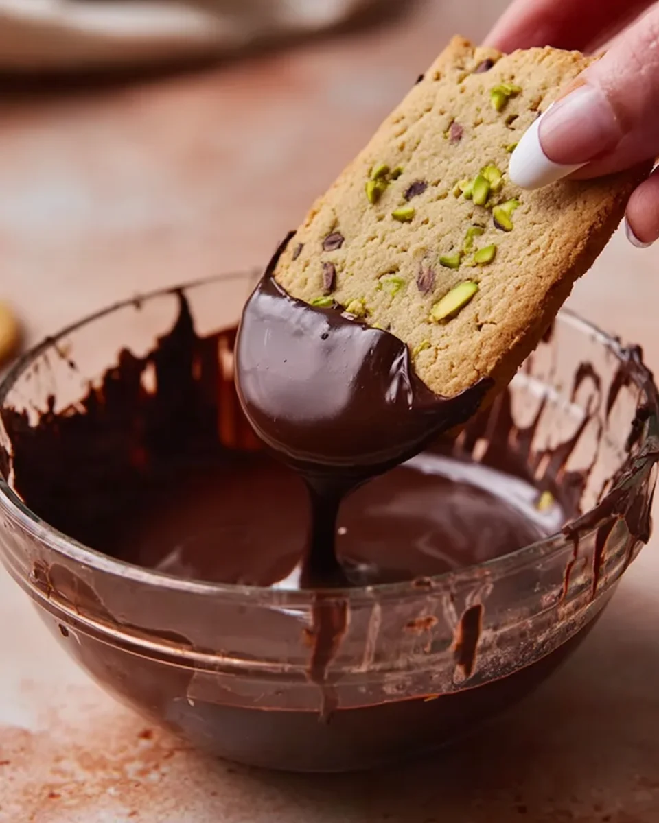 Pistachio Shortbread cookie being dipped in a bowl of dark chocolate.