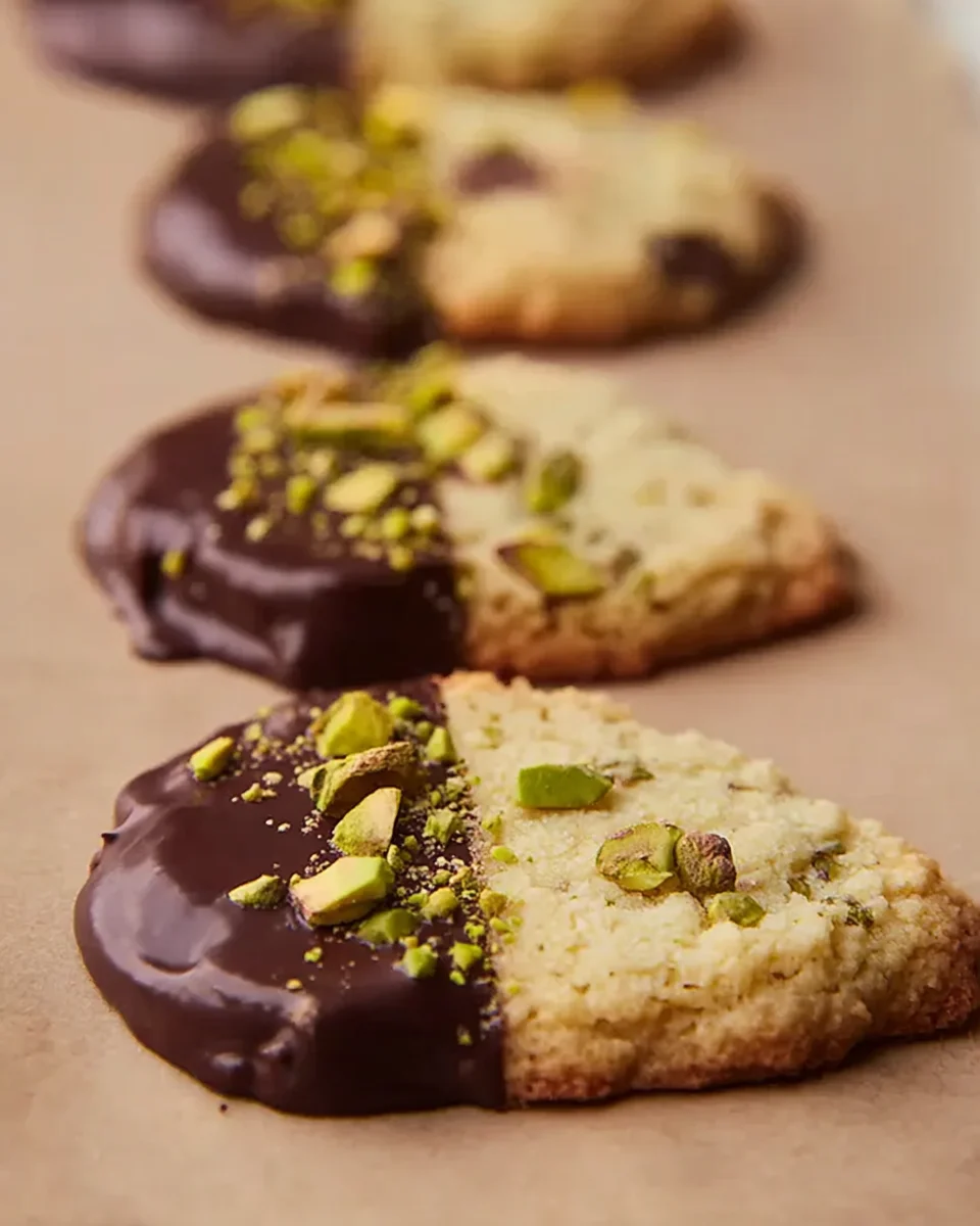 Pistachio shortbread cookie that has just been dipped in dark chocolate and sprinkled with pistachios.