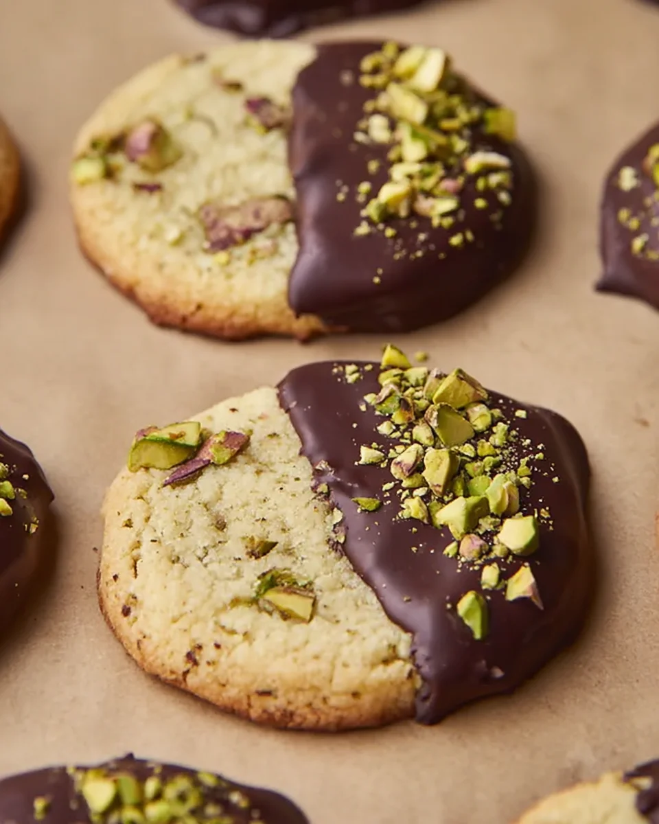 Round pistachio shortbread cookies in a row, dipped in chocolate and topped with chopped pistachios.