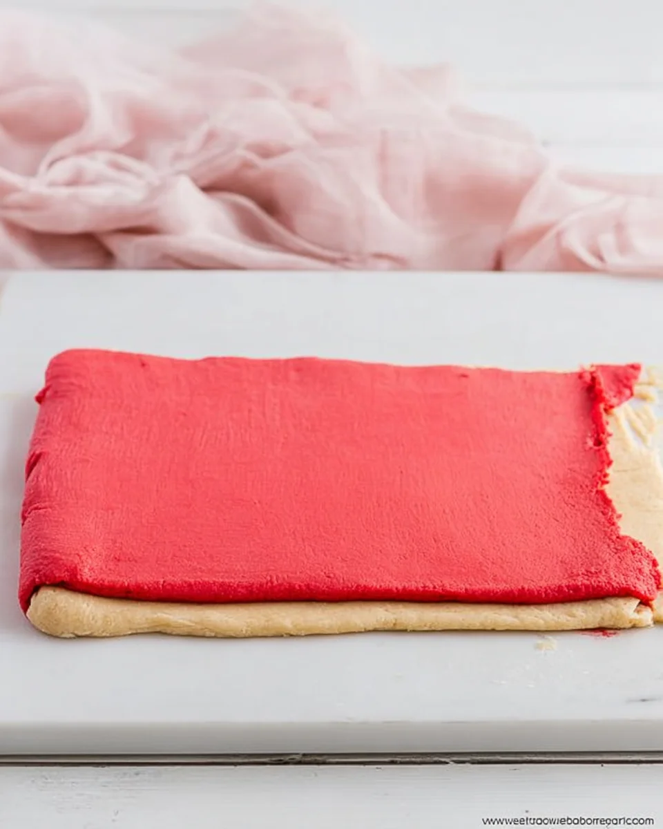 Place red cookie dough on top of vanilla cookie dough for Valentine's Day Swirl Cookies