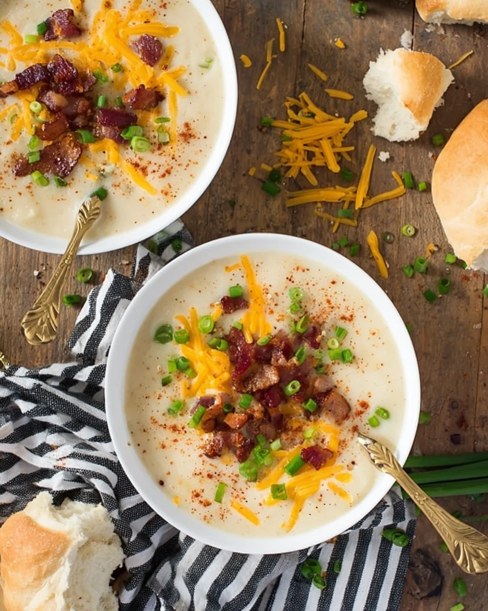 An overhead view of a bowl of potato soup
