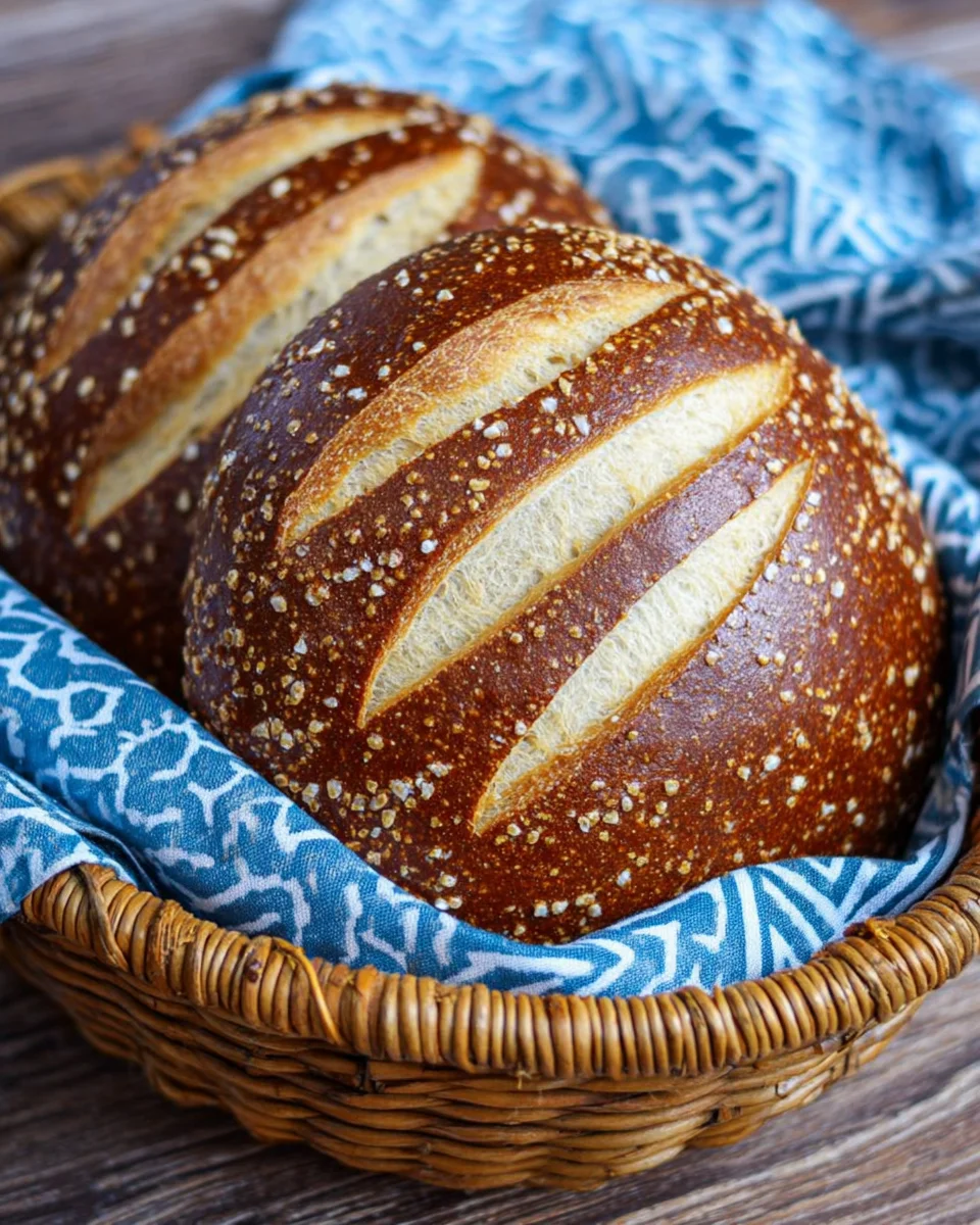 Pretzel-Bread-3-of-4-1024x683.jpg Two loaves of Pretzel Bread in a wooden basket with a blue towel.