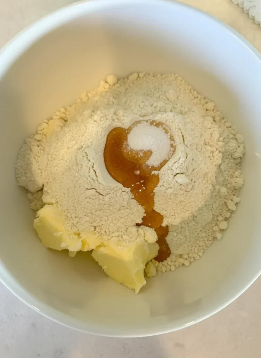 Protein-Vanilla-Pudding-768x1024.webp Mixing bowl with butter, flour, and honey for baking preparation.