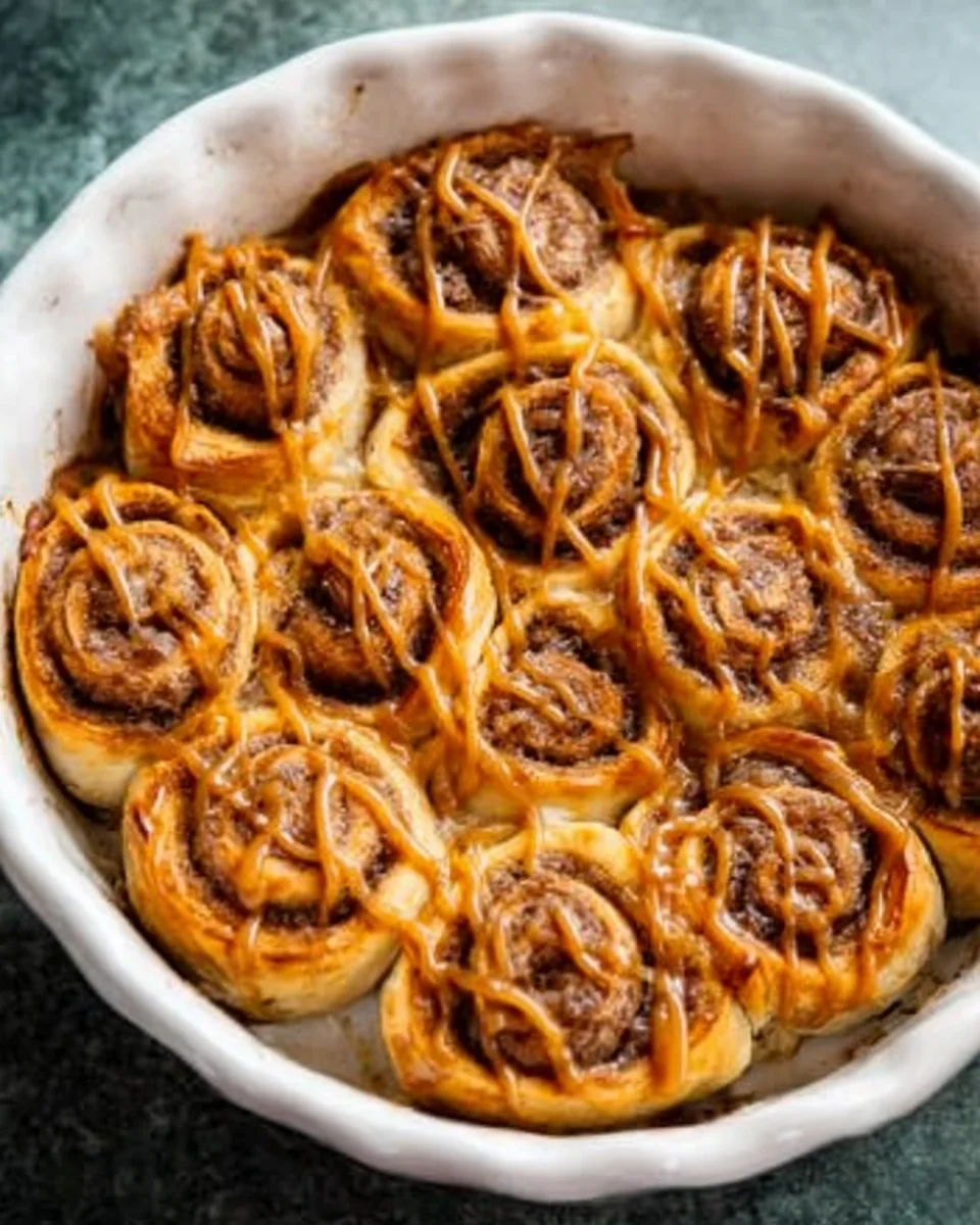 Top down view of the rolls with caramel drizzle