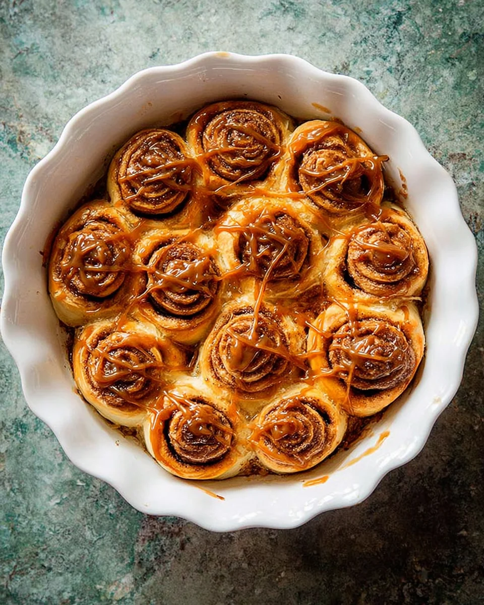 Top down view of the rolls with caramel drizzle
