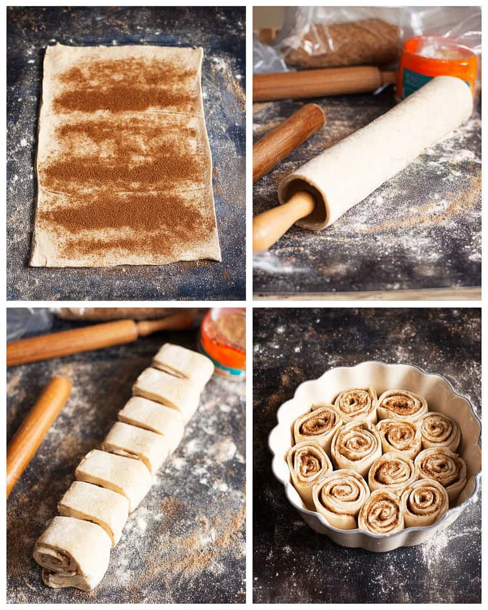 Process shots of puff pastry cinnamon rolls being assembled