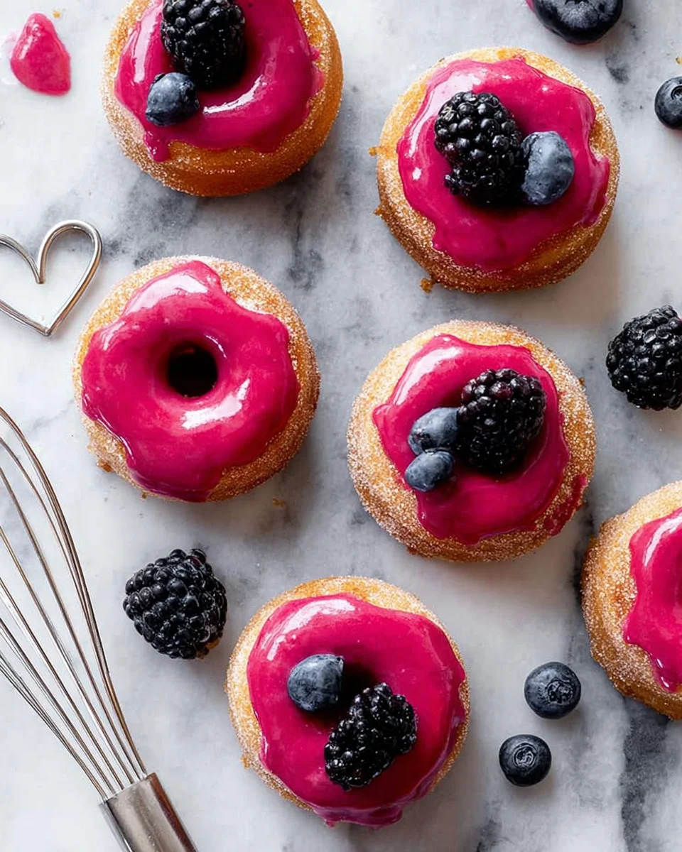 Hot pink donuts decorated with fresh berries on a marble board.