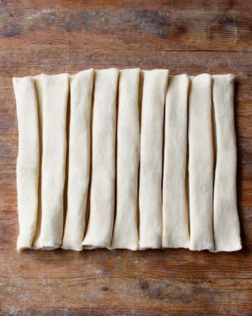 Puff pastry sliced into long pieces.