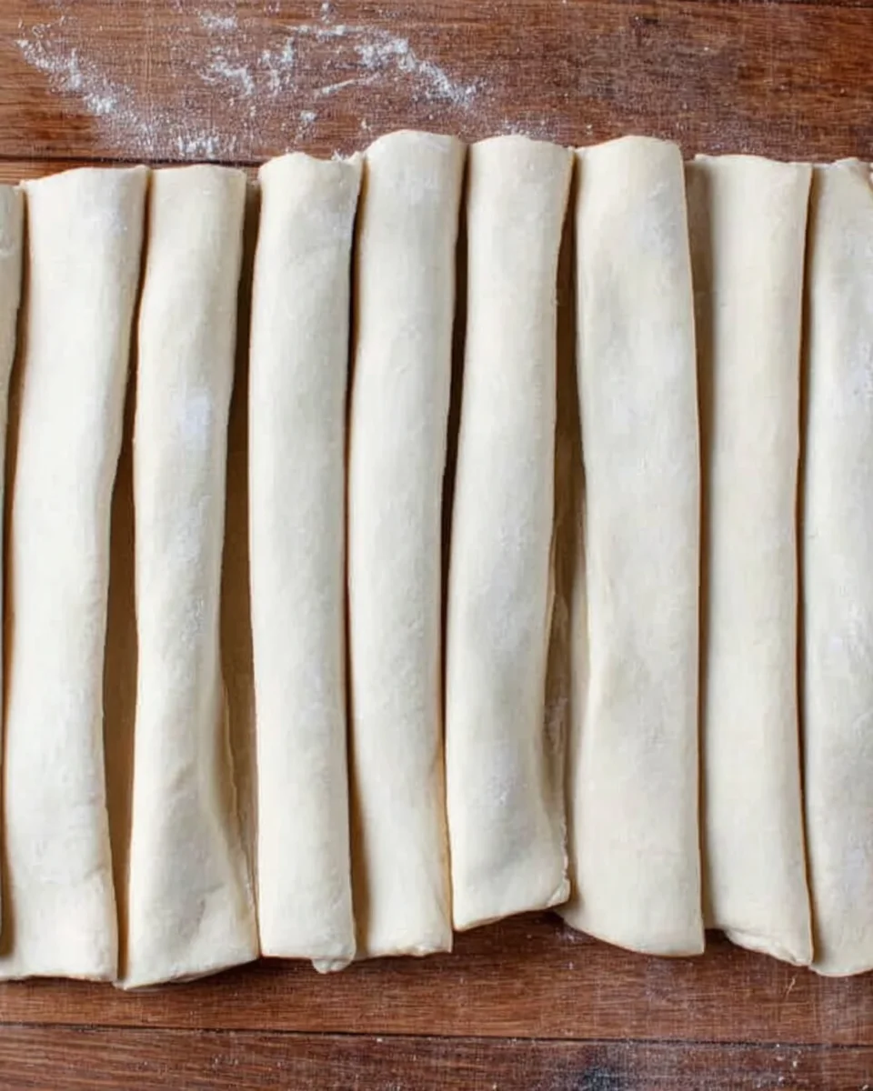 Puff pastry sliced into long pieces.