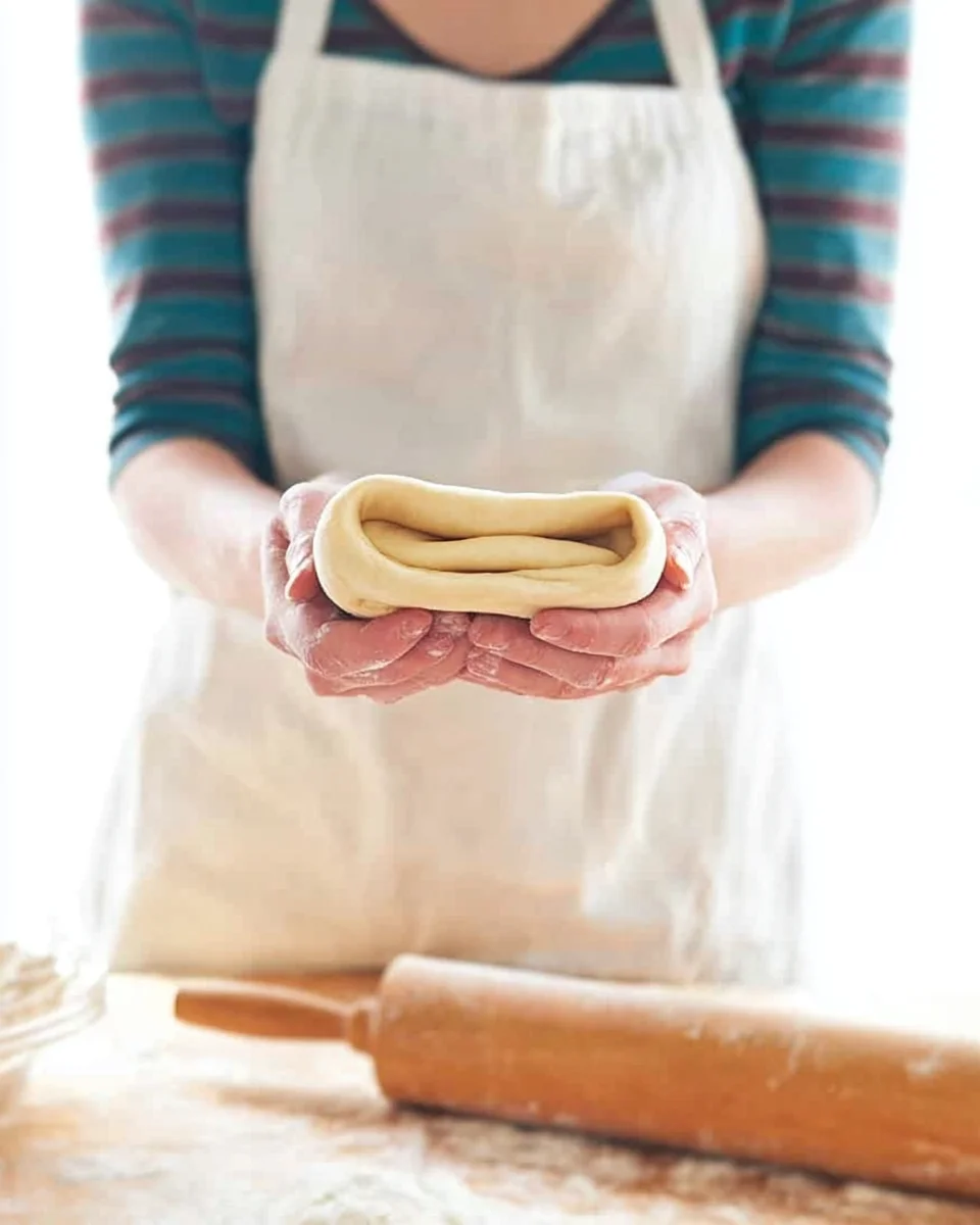 Woman in apron holding folded homemade puff pastry recipes.