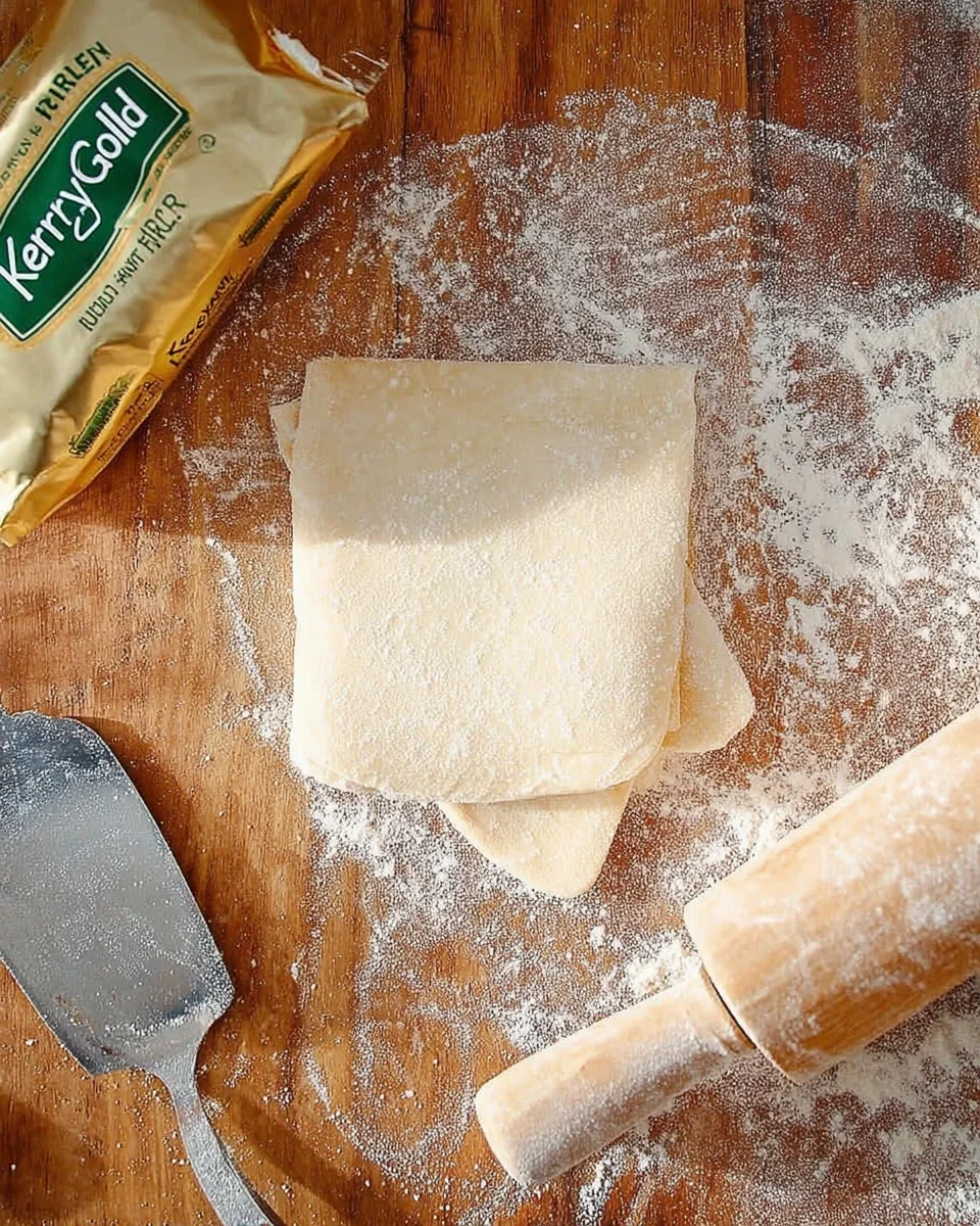 Sheet of homemade puff pastry recipe folded up with butter and pastry blender on side.