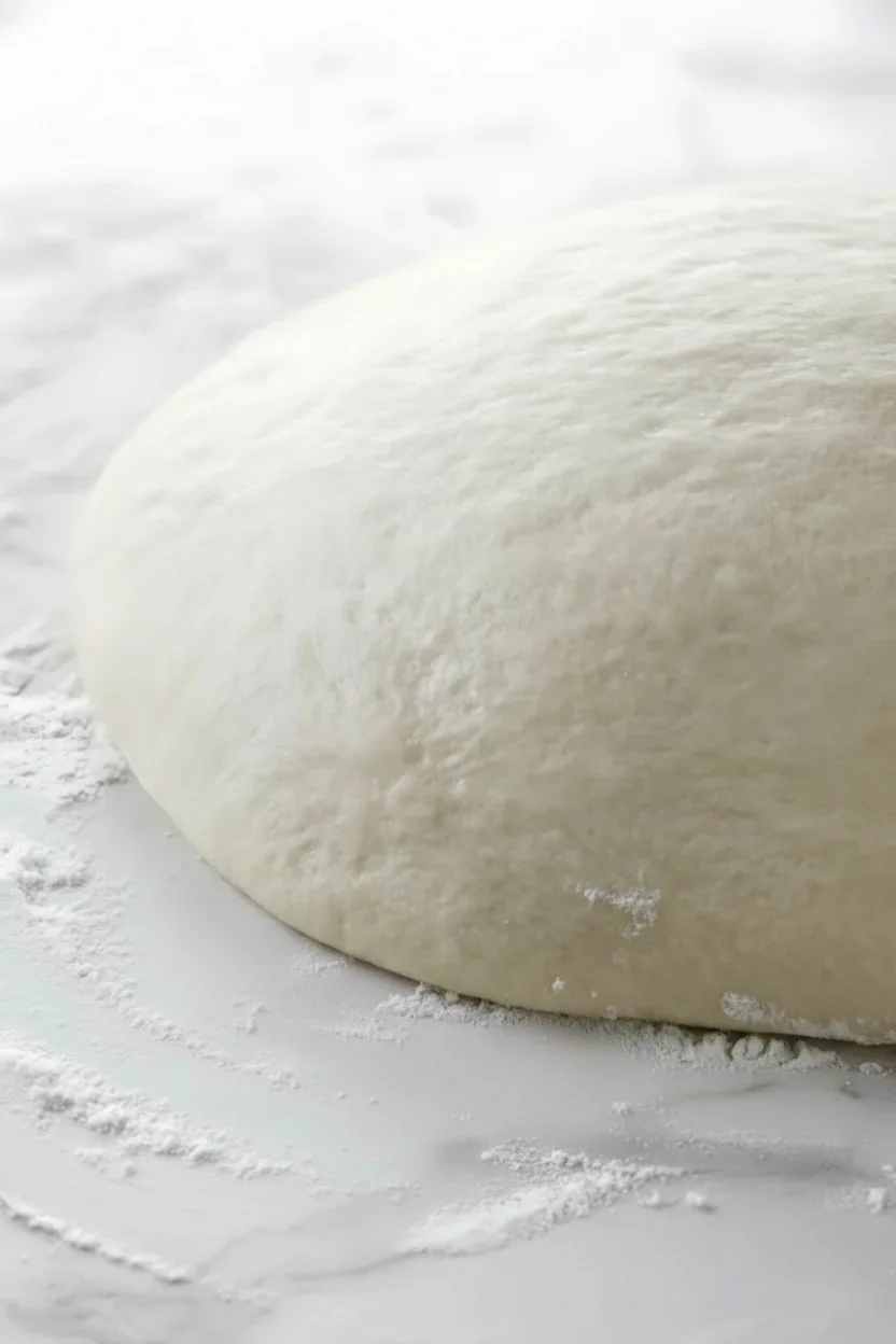 Close-up of a smooth, round ball of dough on a floured surface in a bright kitchen setting.