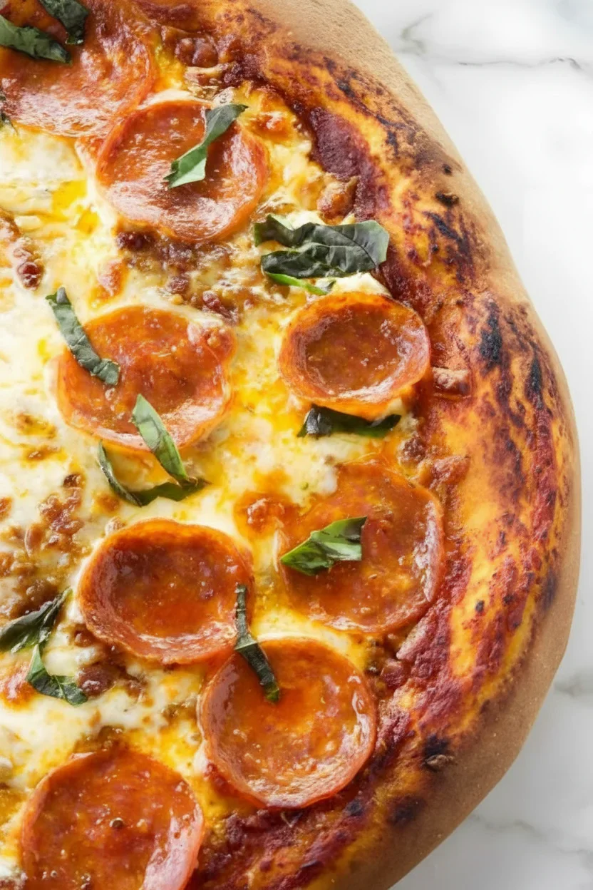 Close-up of a pepperoni pizza with melted cheese, basil, and a golden crust on a white marble surface.