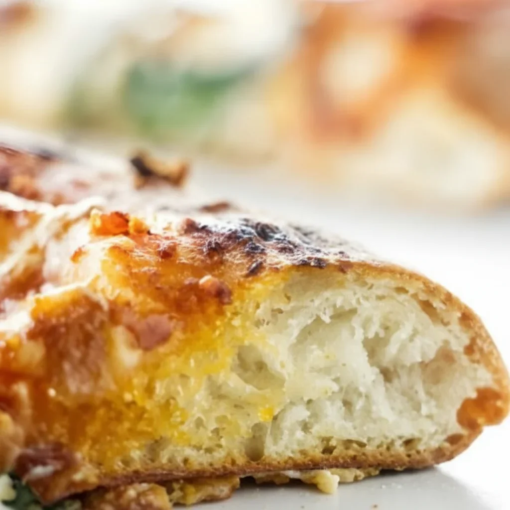 Close-up of a sliced bread roll with a crispy crust and soft interior, on a light background.