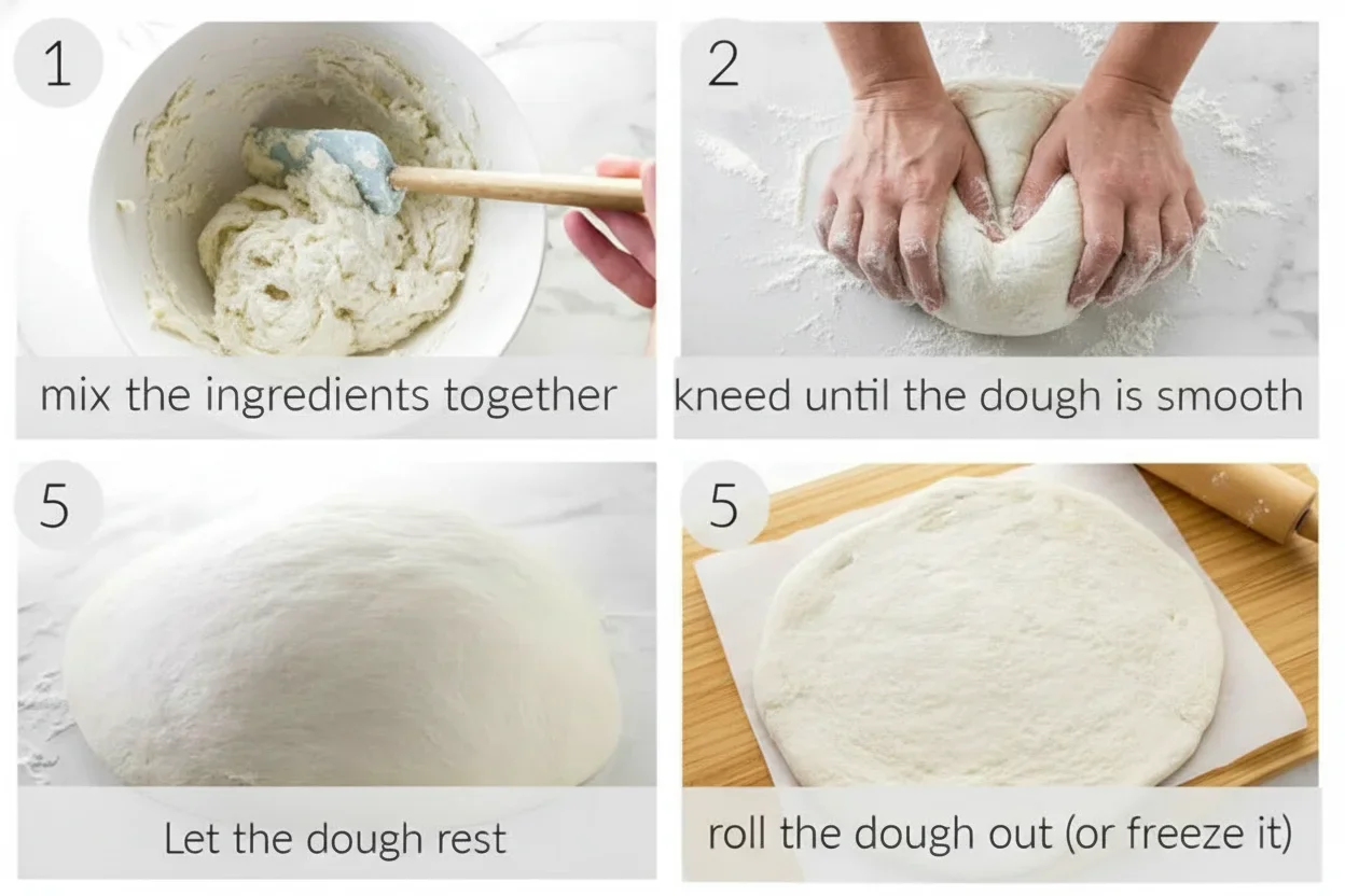 Four-step guide showing mixing, kneading, resting, and rolling out dough for baking.