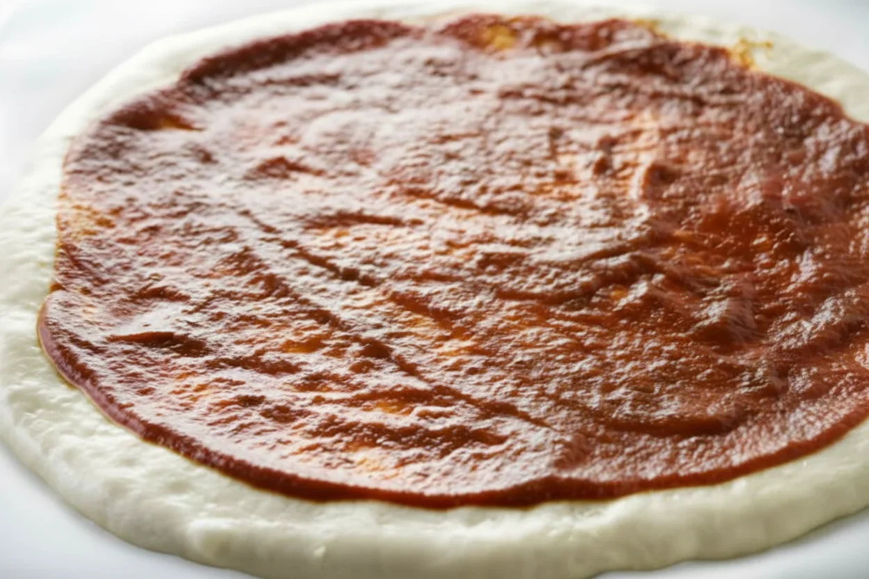 Close-up of a round pizza dough with tomato sauce spread evenly on top, ready for toppings.