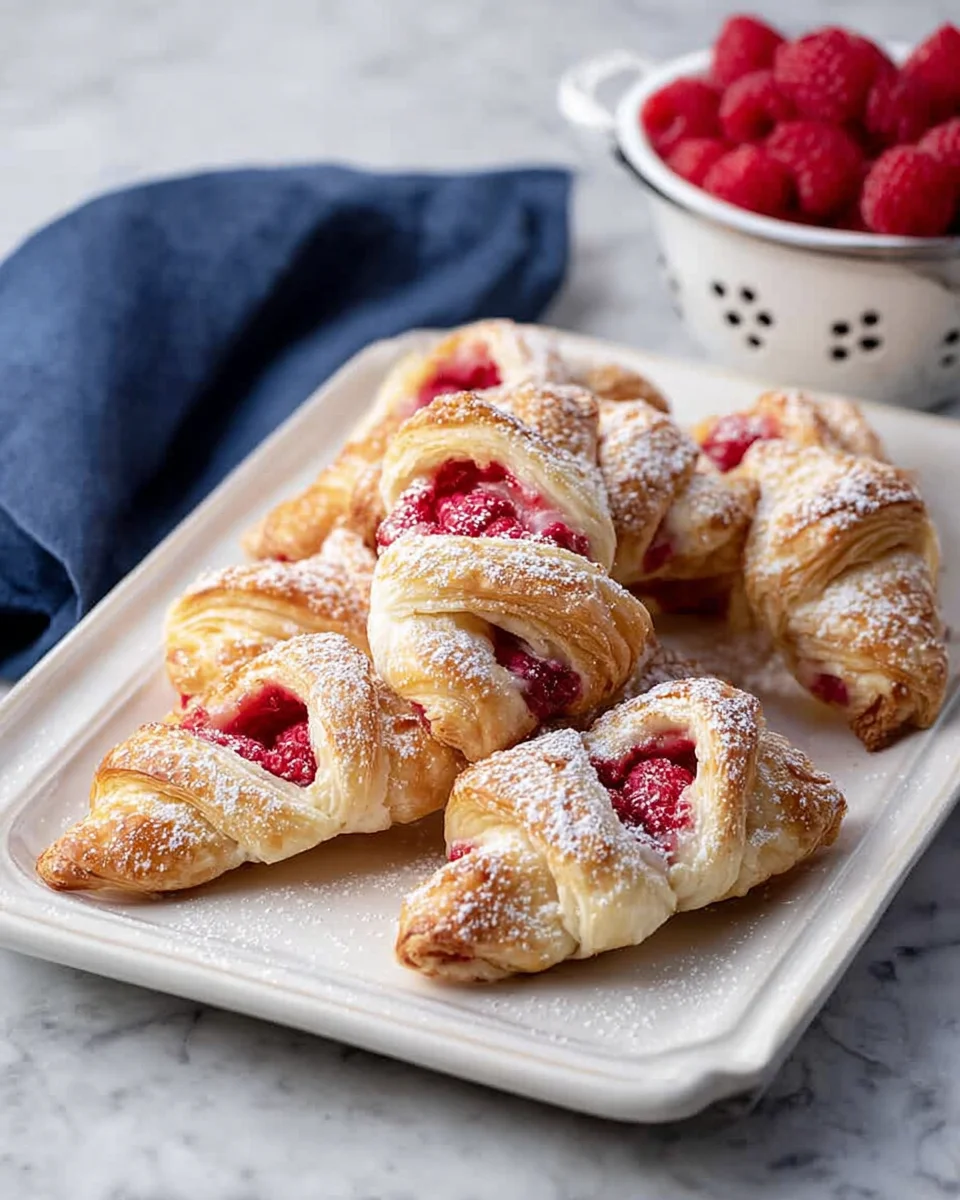 platter of raspberry danishes next to bowl of raspberries and blue napkin