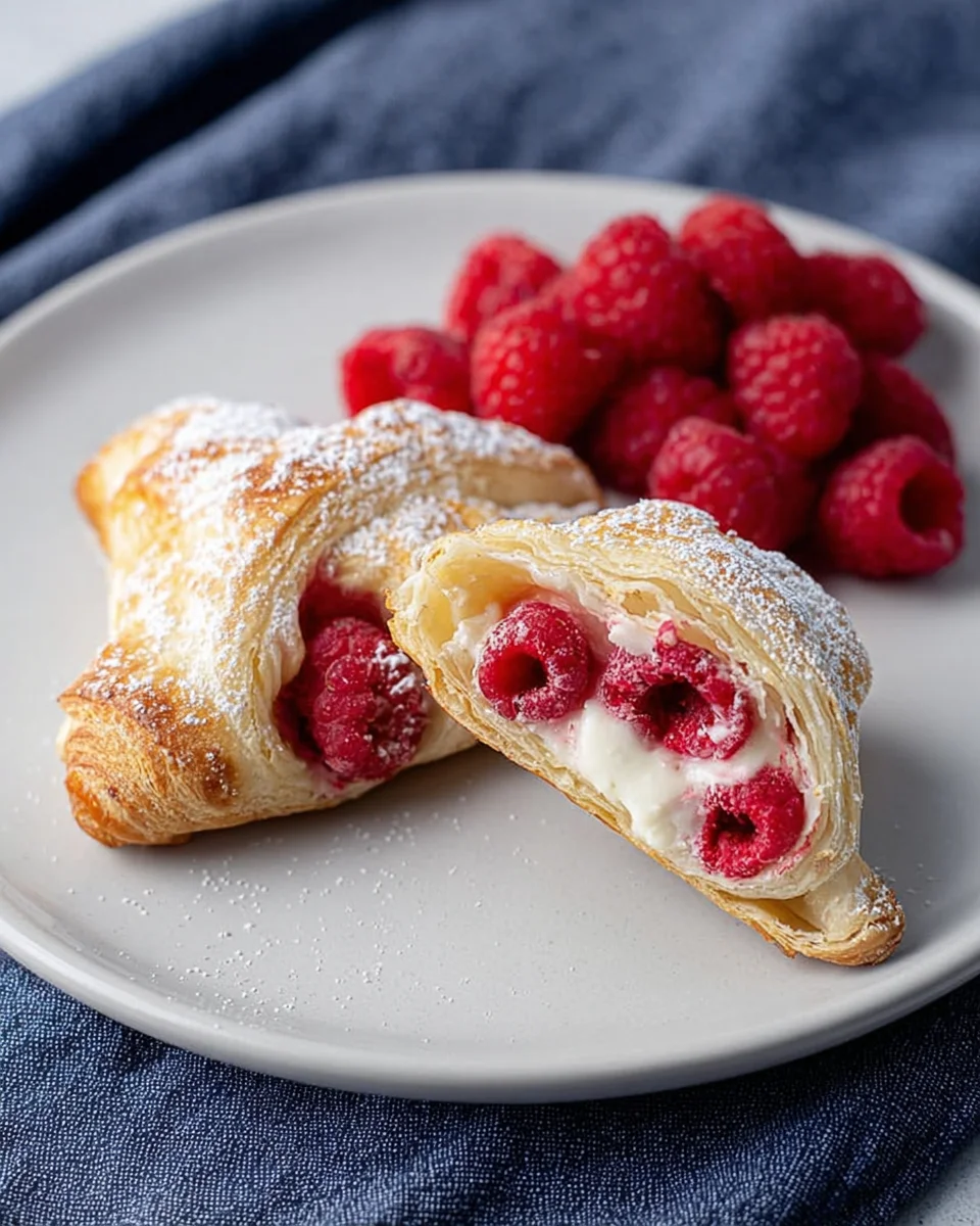 close up of raspberry danish on plate with raspberries next to napkin