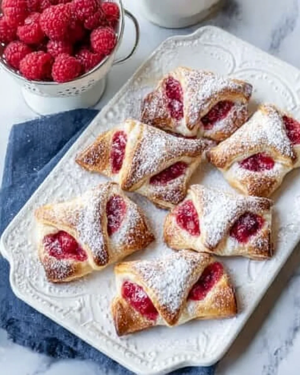 raspberry danishes on white platter next to colander of raspberries and blue napkin