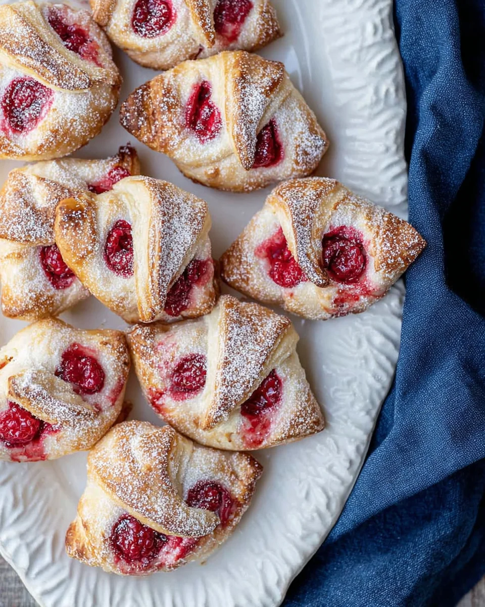 platter of raspberry danishes next to blue napkin