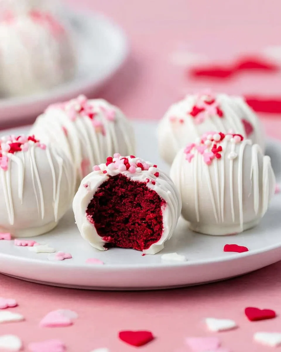 Red-Velvet-Truffles-Plated-660x990.jpg White Chocolate Red Velvet Truffles plated on a white serving plattter