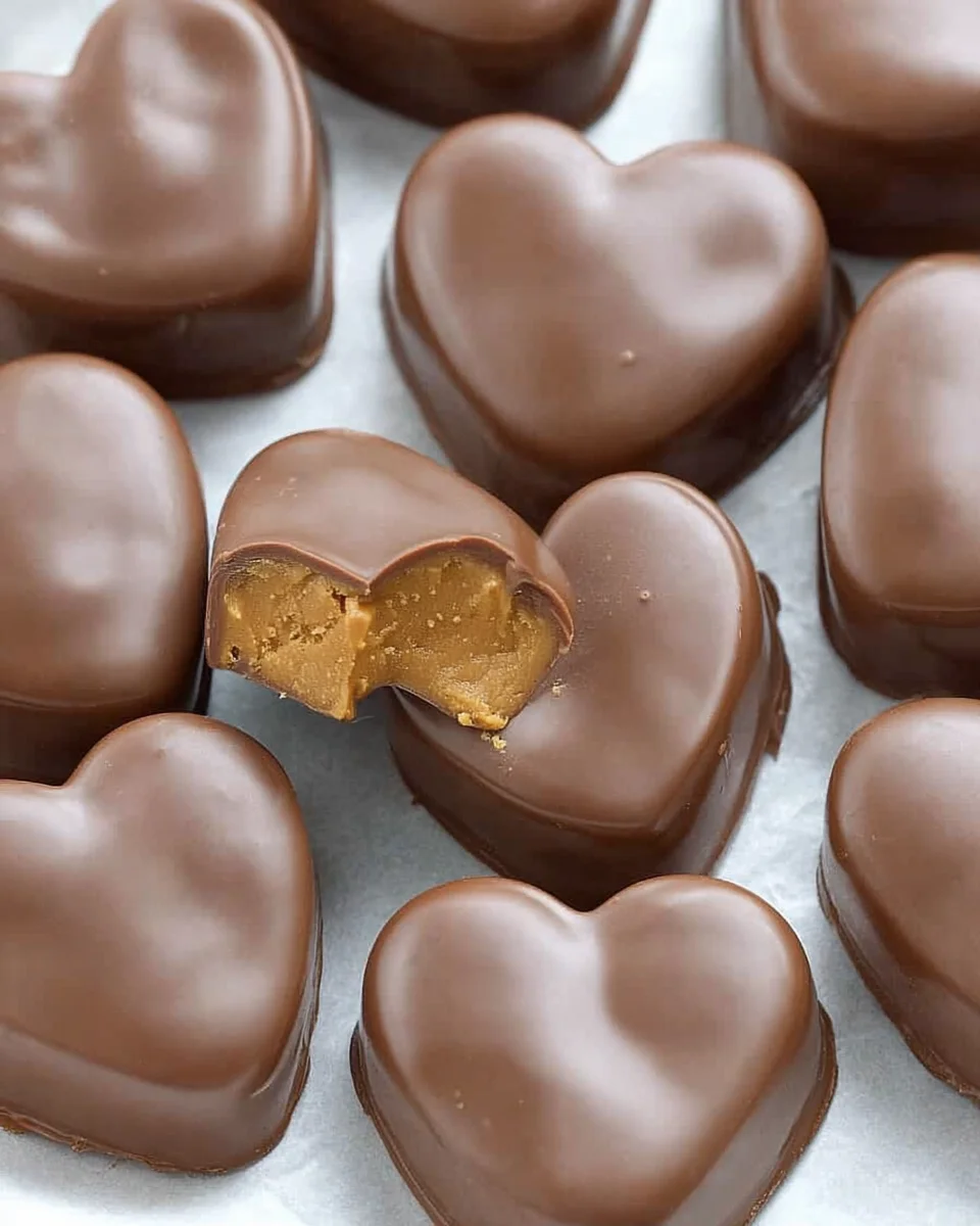 Bunch of Chocolate Peanut Butter Valentine’s Hearts on white paper.