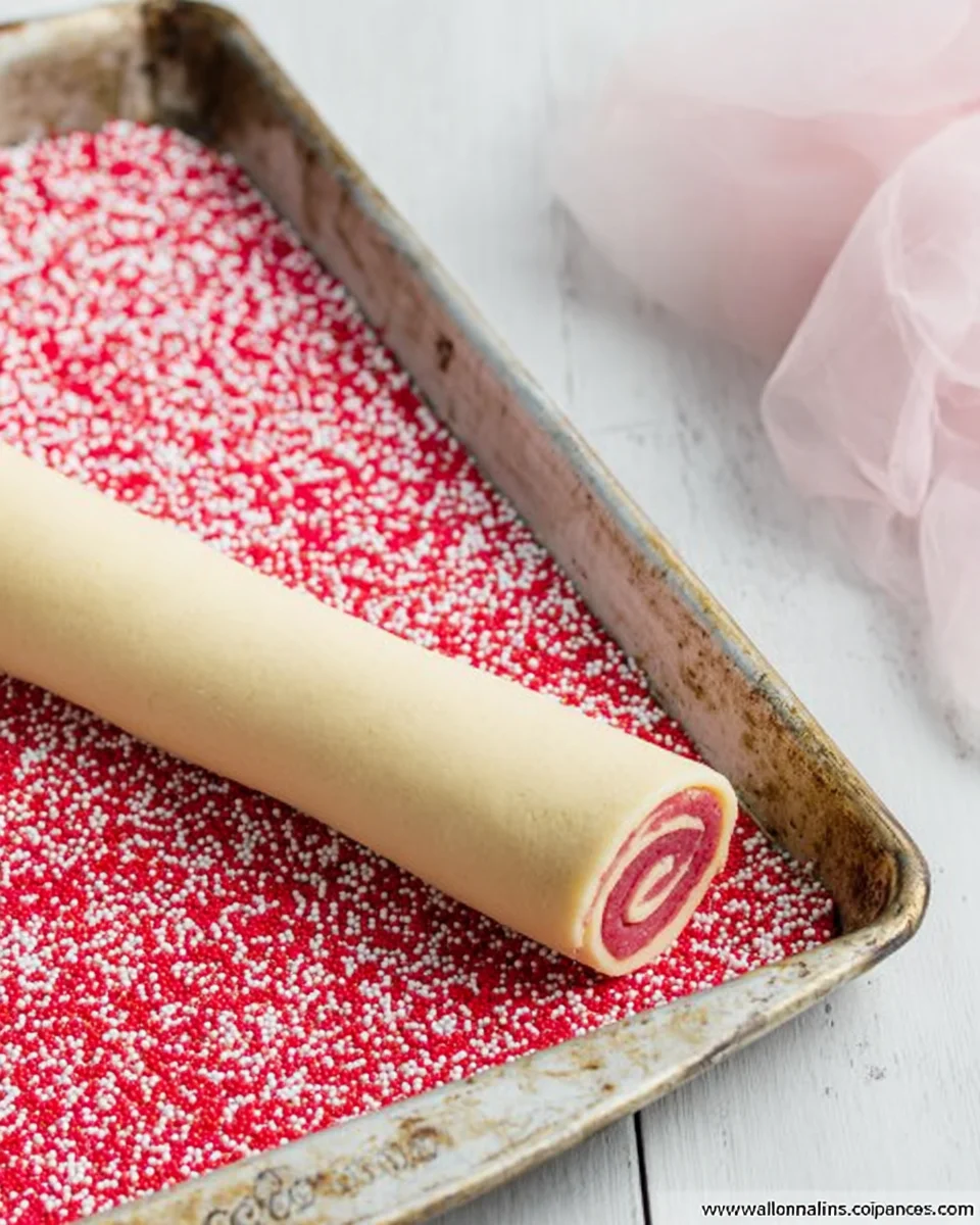Roll cookie dough in sprinkles for Valentine's Day Swirl Cookies