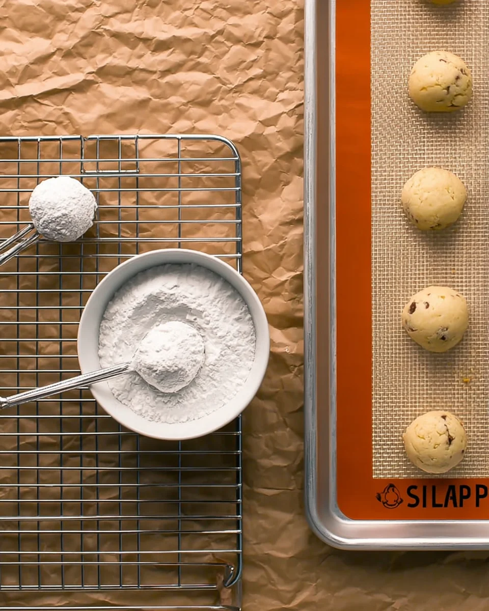 Roll hot cookies in confectioners sugar