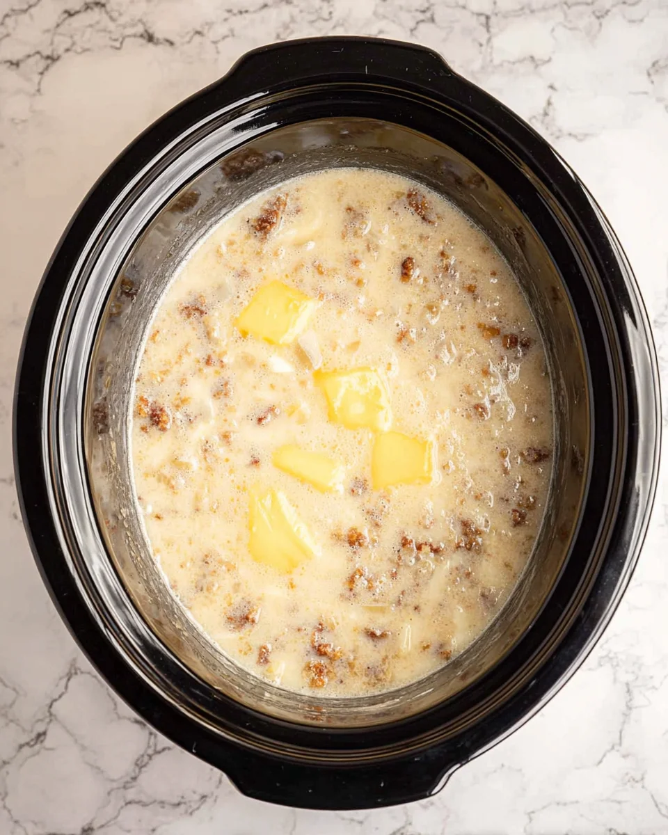 A black slow cooker containing the creamy potato soup after milk has been added.