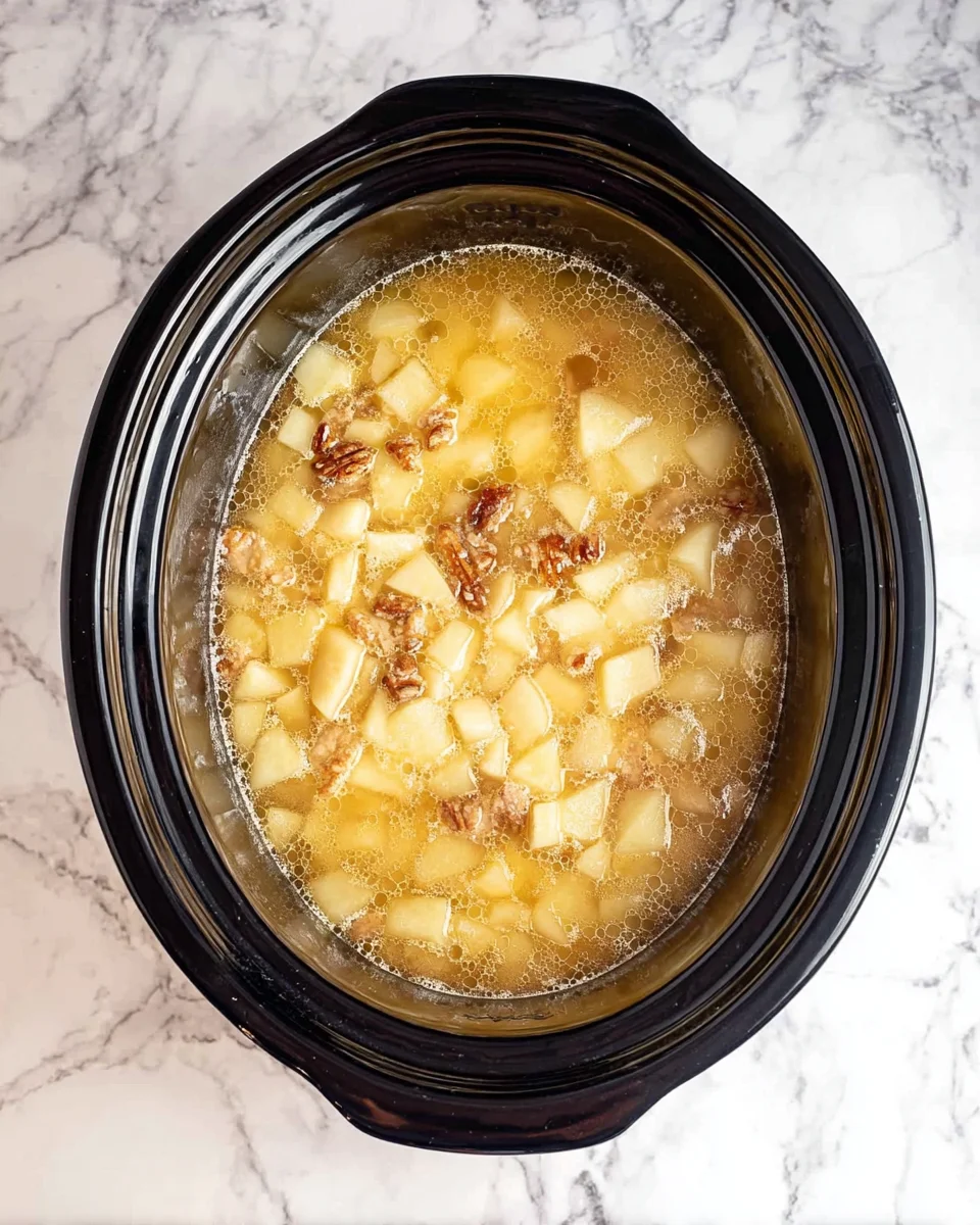 A crockpot with the cooking soup after the potatoes are fork tender.