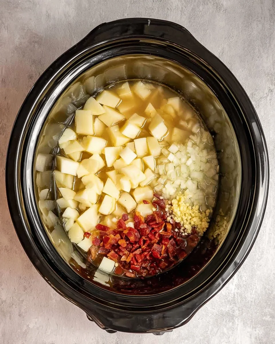 A crockpot containing all the ingredients for crockpot potato soup.