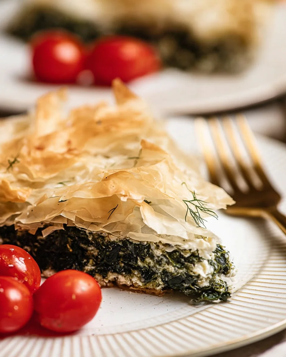 Slice of skillet spanakopita on white plate with fresh cherry tomatoes on the side.