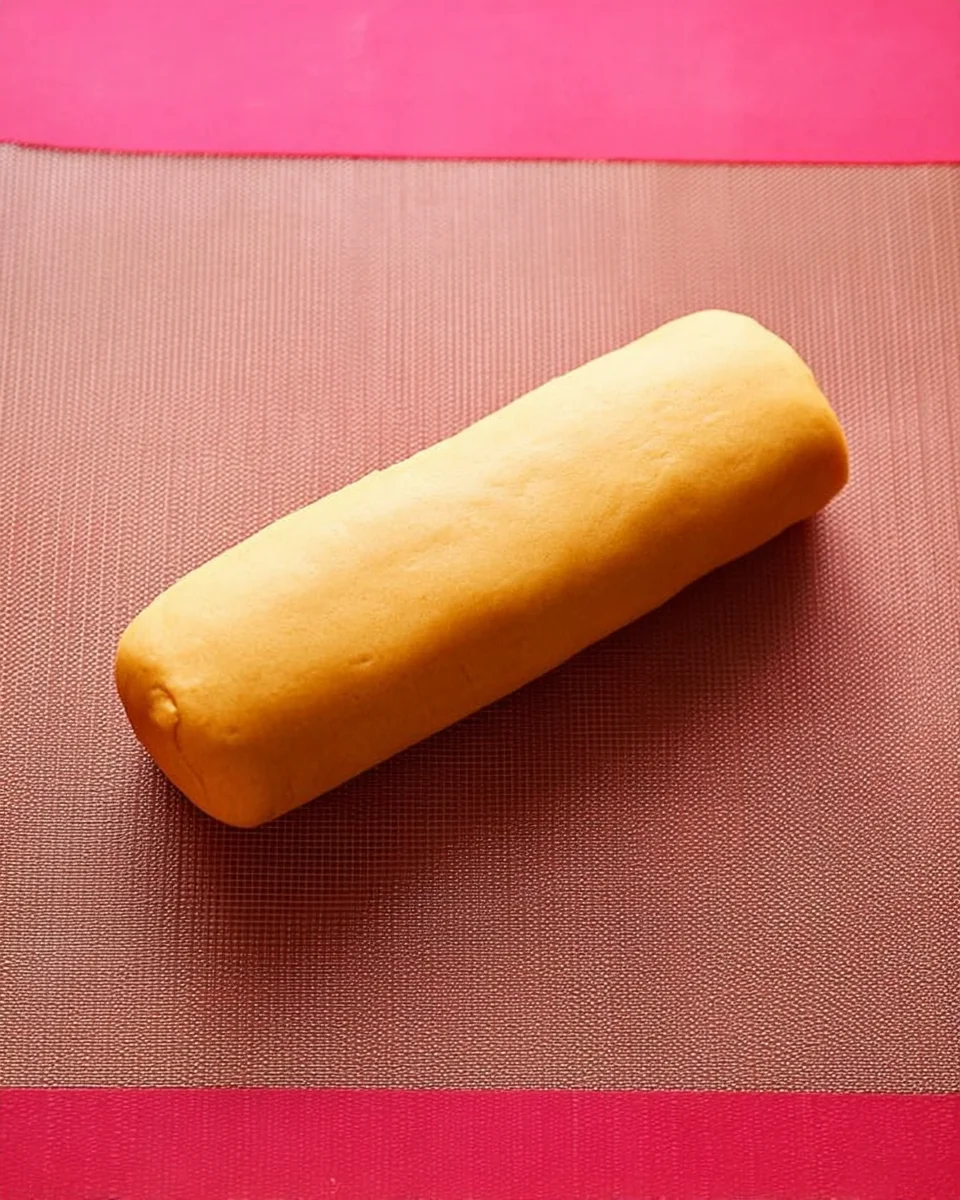 Soft vanilla cake roll on pink silicone baking mat, ready for frosting or filling.