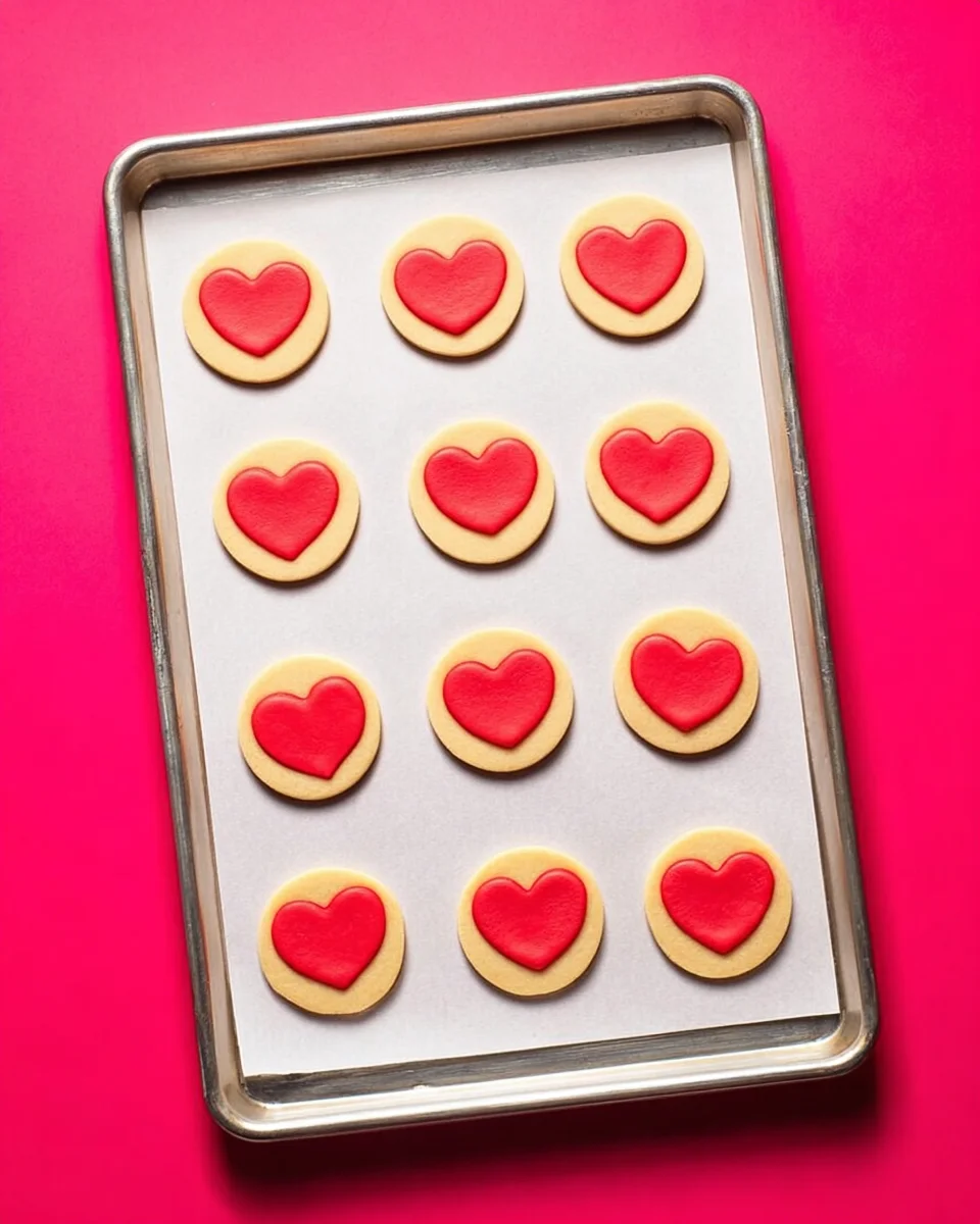 Heart-shaped cookies on a baking sheet with pink background.