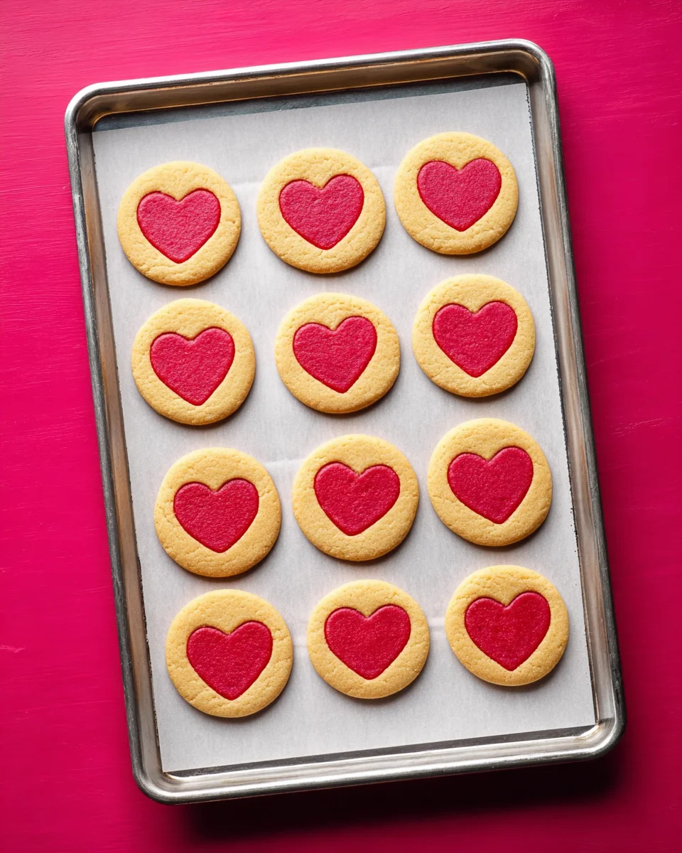 Delicious sugar cookies with pink hearts on a baking sheet, perfect for Valentine's Day treats.