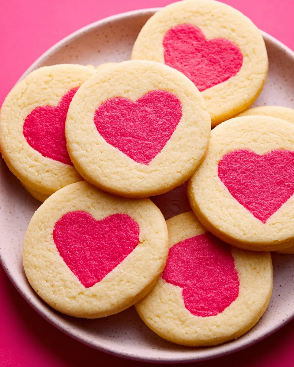 Soft sugar cookies with pink heart designs, perfect for Valentine's Day.